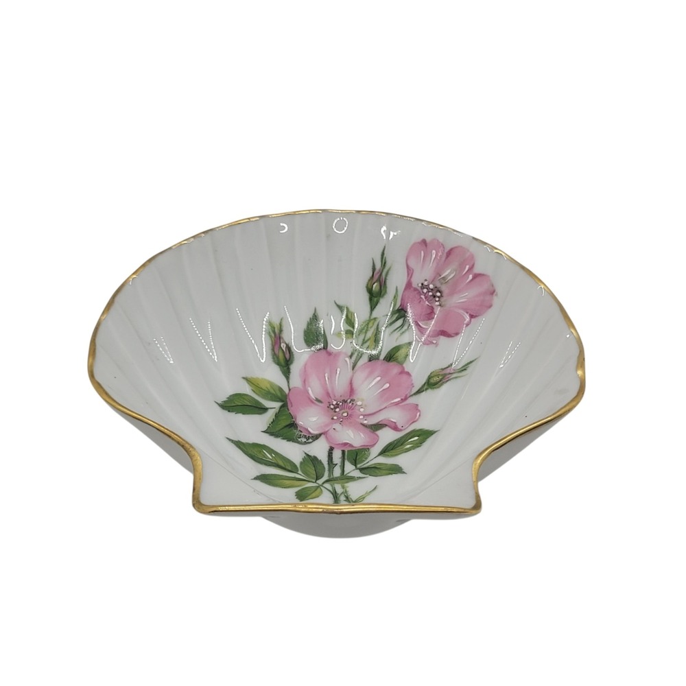 Chamart Limoges France Scalloped Shell Porcelain Trinket Dish Pink Floral Gold